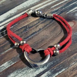 Hand Crafted Antique Silver Red Vegan Suede Open Heart Magnetic Clasp Bracelet